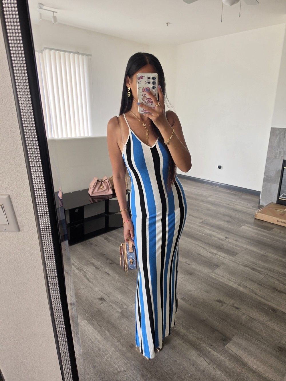 Striped Blue & White Maxi Slip Dress with Side Slit - Picture 2 of 13